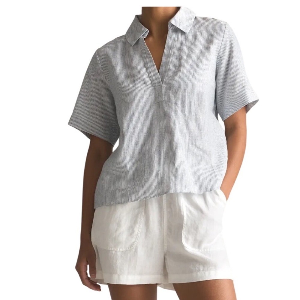 Quince  European Linen Short Sleeve Shirt Womens L Blue Pinstripe Preppy